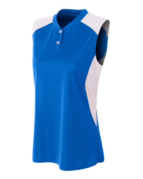 A4 Womens Sleeveless Henley w/ Stretch Mesh Contrast (NW3318), Color 'Royal/White'